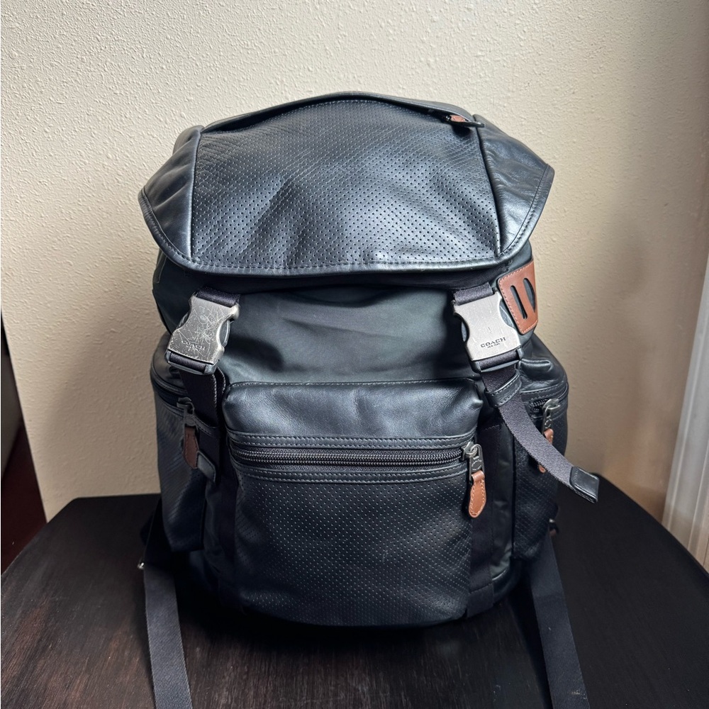 Coach Black Leather Backpack with Brown Accents